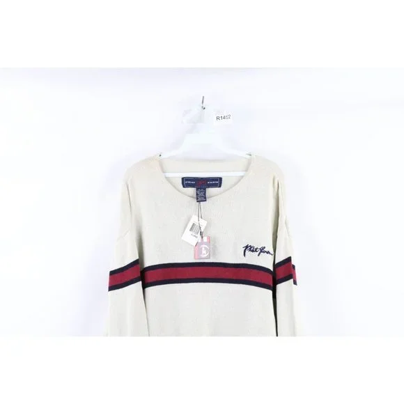 NOS Vintage Phat Farm Mens XL Striped Spell Out Script Marled Knit Sweater Cream